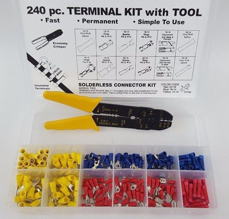 MVP 240 Pc Vinyl Insulated Wire Terminal Assortment with Crimping Tool - USA Made