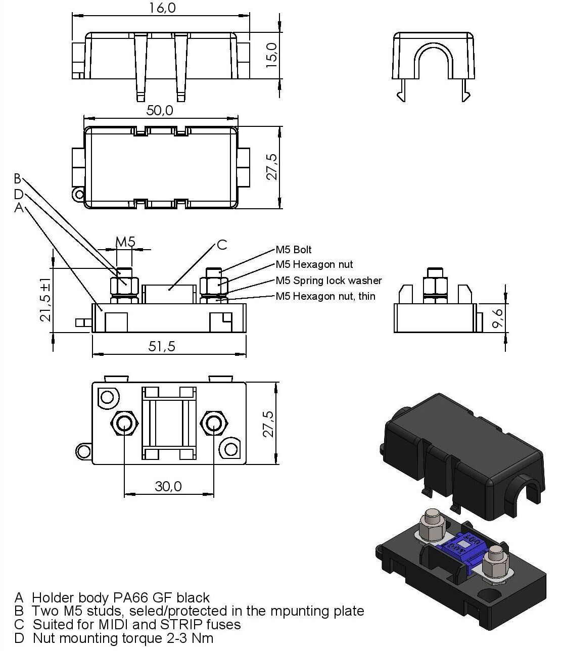Flosser 724800 Bolt On MIDI MID AMI Type Fuse Holder - Made in Europe