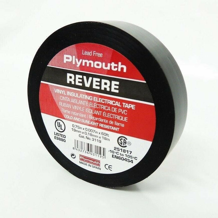 Plymouth Rubber 3119 Revere Black 7 Mil Vinyl Electrical Tape 3/4" x 60'