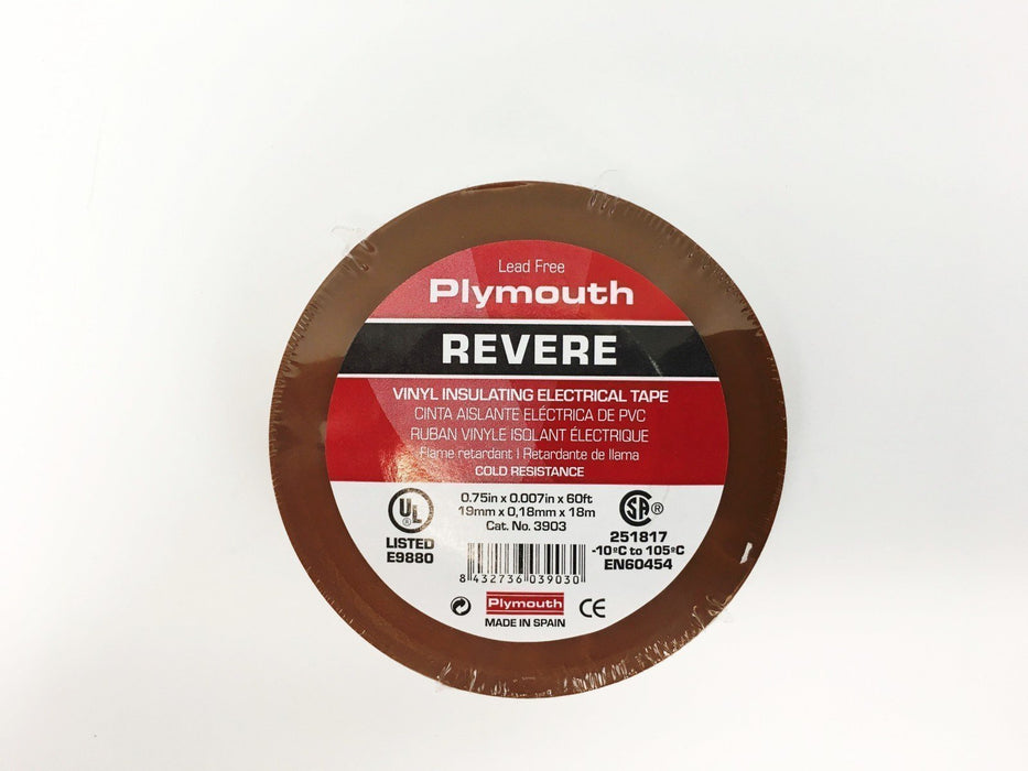 Plymouth Rubber 3903 Brown 7 Mil Vinyl Electrical Tape 3/4" x 60' - 10 Rolls