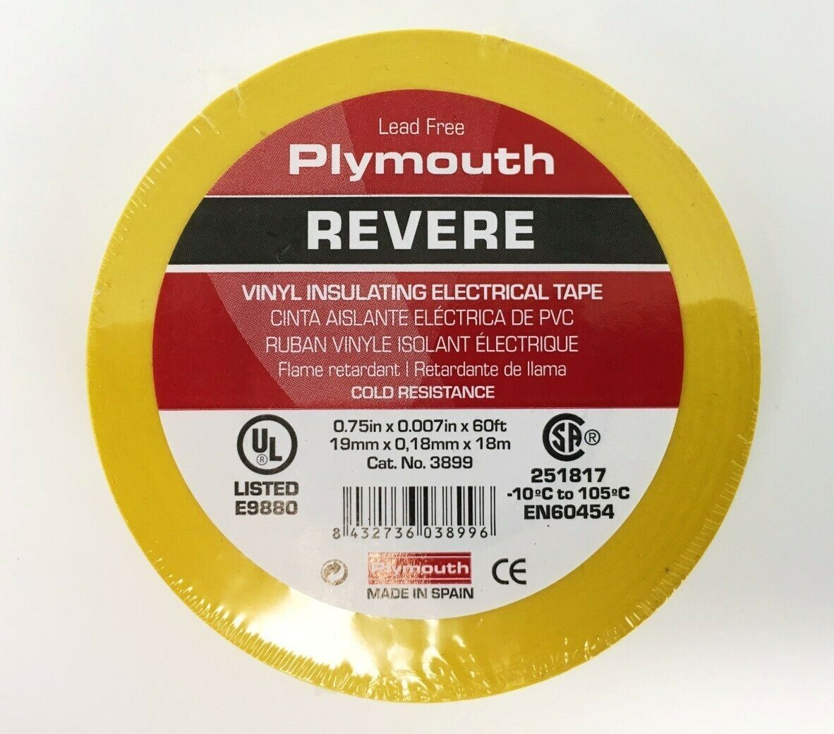 Plymouth Rubber 3899 Revere Yellow 7 Mil Vinyl Electrical Tape 3/4"x 60' - Spain