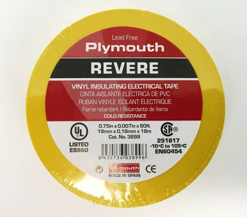 Plymouth Rubber 3899 Revere Yellow 7 Mil Vinyl Electrical Tape 3/4"x 60' - Spain