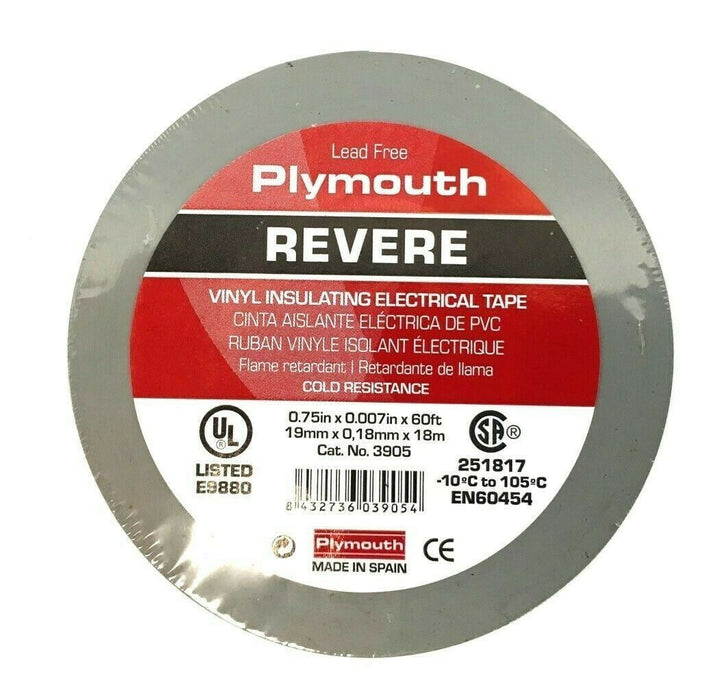 Plymouth Rubber 3905 Revere Gray 7 Mil Vinyl Electrical Tape 3/4"x 60' - Spain