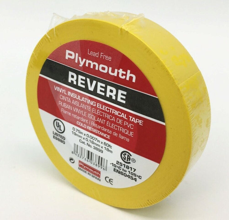 Plymouth Rubber 3899 Revere Yellow 7 Mil Vinyl Electrical Tape 3/4"x 60' - Spain