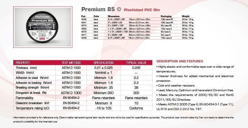 Plymouth Rubber 4240 Premium 85 Black 8.5 Mil Vinyl Electrical Tape 3/4" x 66'