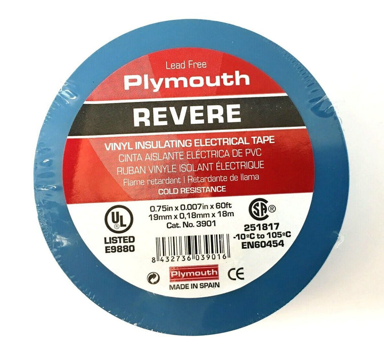 Plymouth Rubber 3901 Revere Blue 7 Mil Vinyl Electrical Tape 3/4" x 60' - Spain