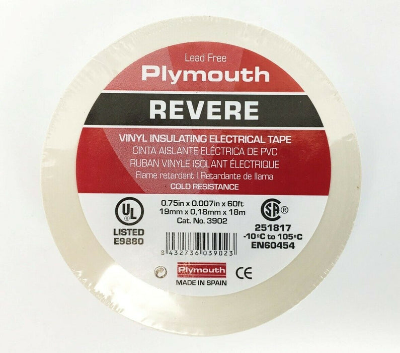 Plymouth Rubber 3902 Revere White 7 Mil Vinyl Electrical Tape 3/4" x 60' - Spain